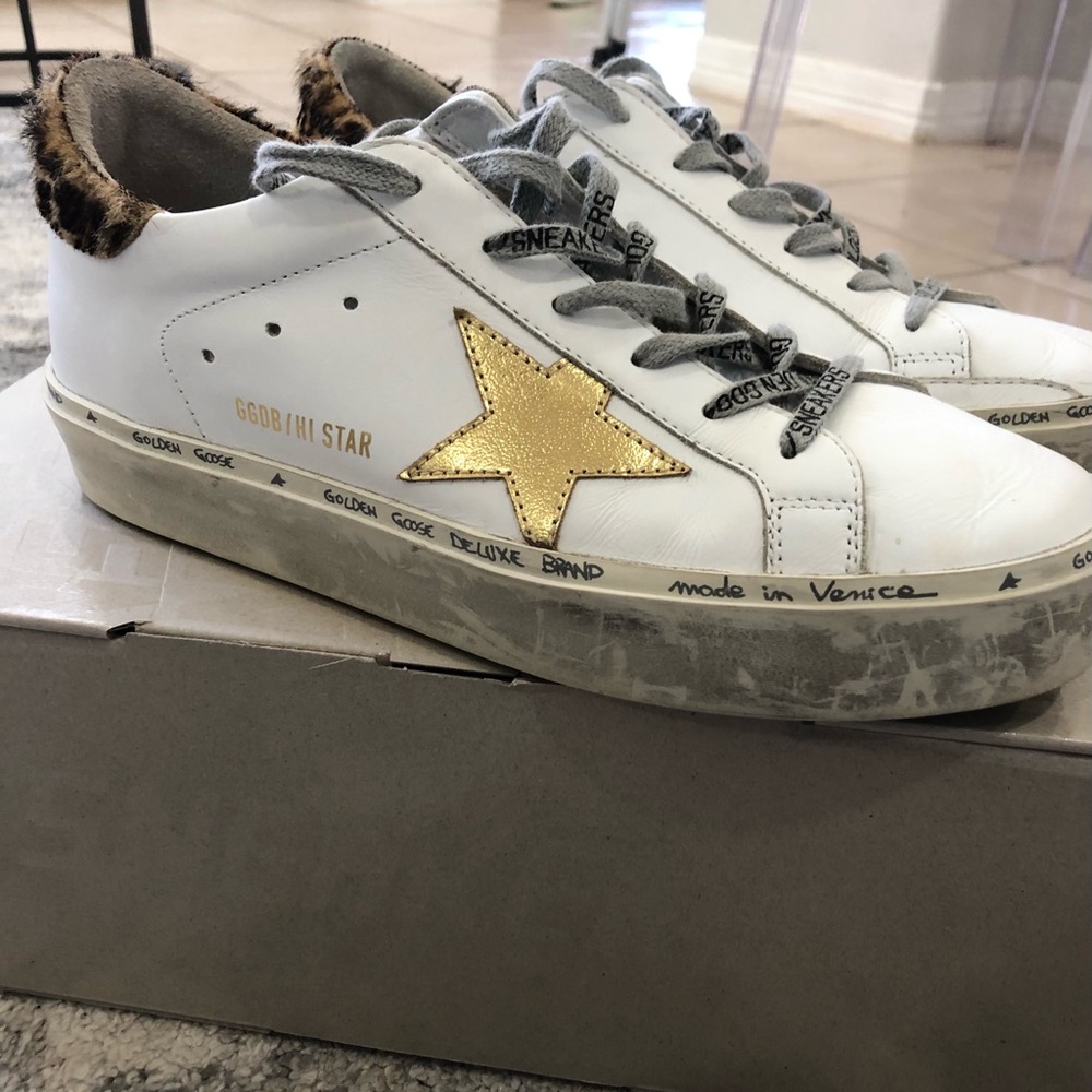 Brand new GOLDEN GOOSE Hi Star Sneakers with Leopard print heel tab - Picture 1 of 6